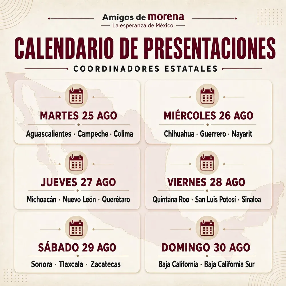 Agenda nacional de presentación de coordinadores estatales de Morena del 25 al 30 de agosto, organizada por fechas y entidades, con un mapa de México como elemento gráfico.