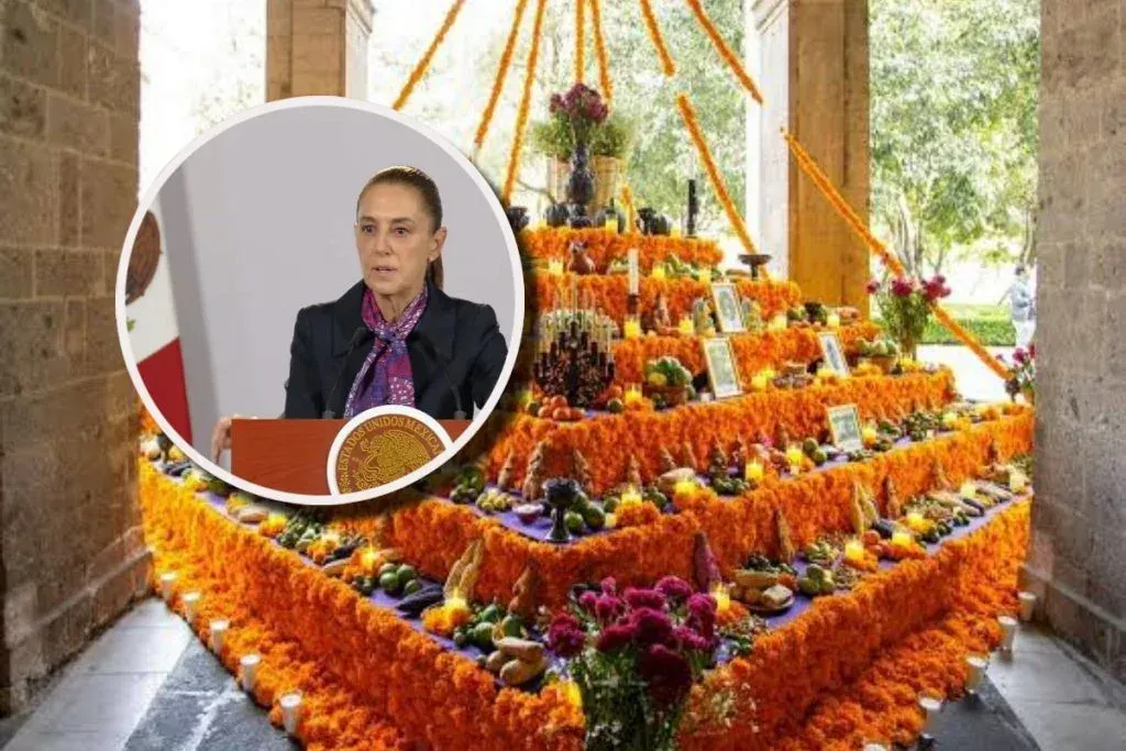 Ofrenda tradicional de Día de Muertos con cempasúchil y veladoras
