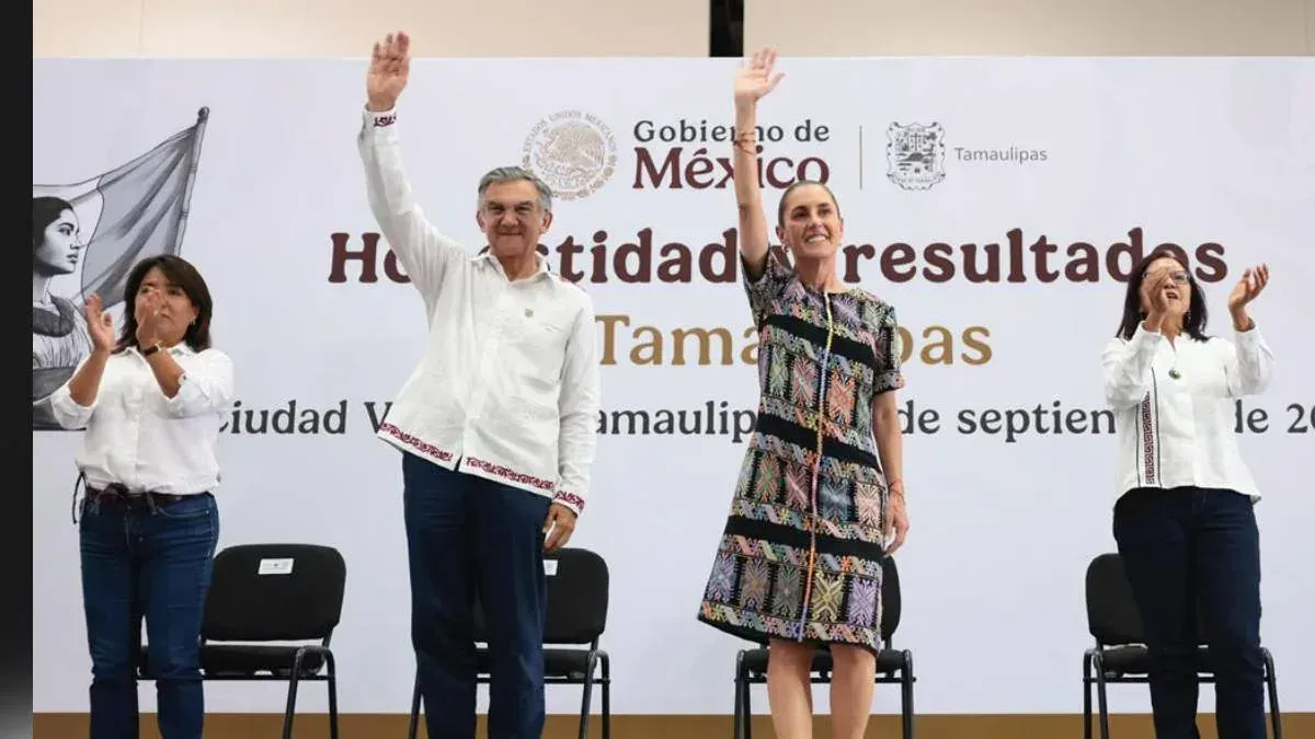 La presidenta Claudia Sheinbaum y el gobernador Américo Villarreal durante un evento en Ciudad Victoria, Tamaulipas