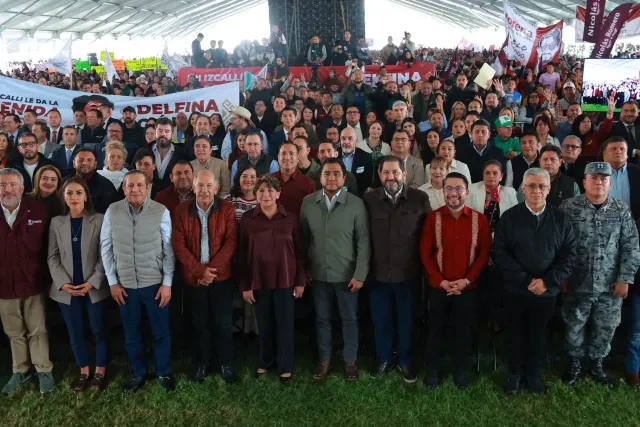 Gobernadora Delfina Gómez durante una jornada de rendición de cuentas en el Estado de México