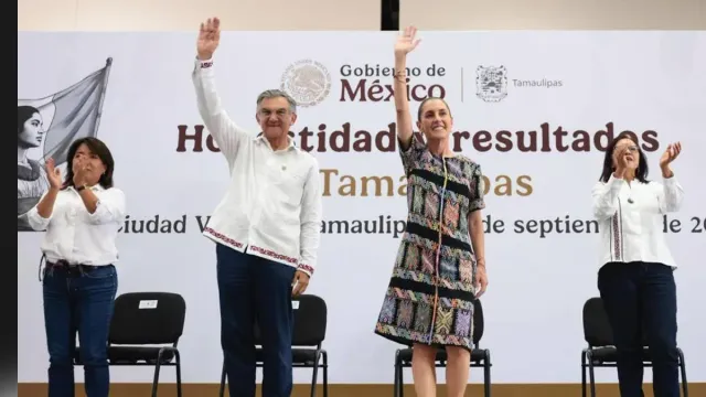 La presidenta Claudia Sheinbaum y el gobernador Américo Villarreal durante un evento en Ciudad Victoria, Tamaulipas